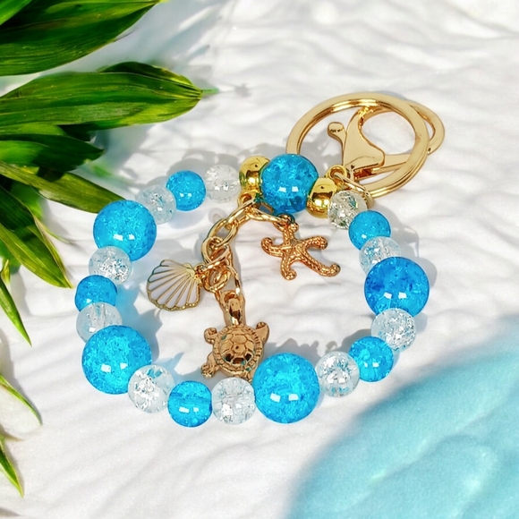 Hand Crafted Accessories - Beaded Bag Key Charm Blue White Gold Sea Turtle Shell Starfish Y2K Mermaidcore